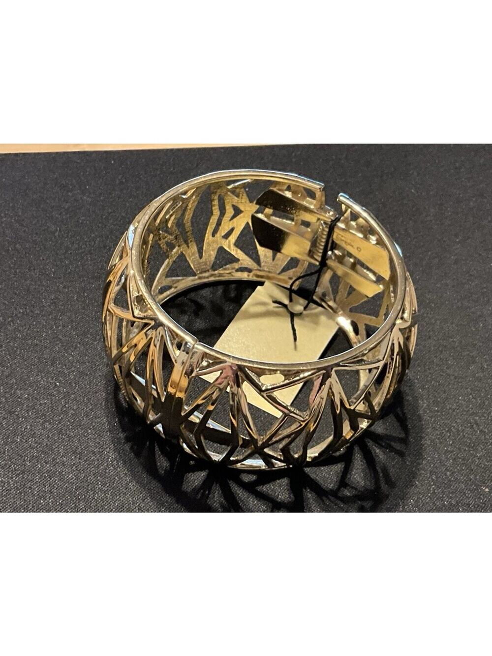 Wide Gold Tone Hinged Open Modern Abstract Design Bracelet